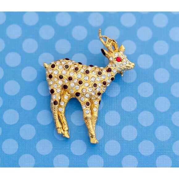 Vintage Mid Century Christmas Reindeer Rhinestone Brooch - M17 - Picture 1 of 2